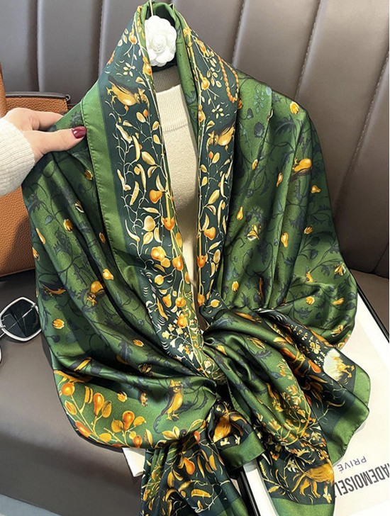 Premium Silk Feeling Green Garden Print Scarf